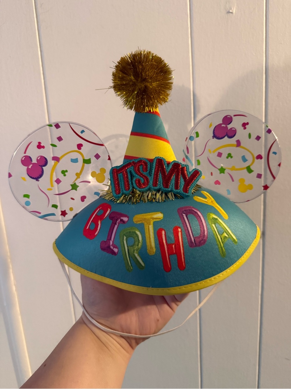 Disney Teal "It's My Birthday" Party Hat with Clear Confetti Ears and Gold Pom